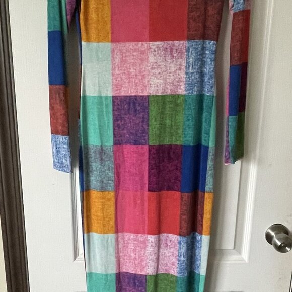 Multicolor Patchwork Color Block Long Sleeve Bodycon Maxi Dress – (Size Large) - Picture 3 of 5